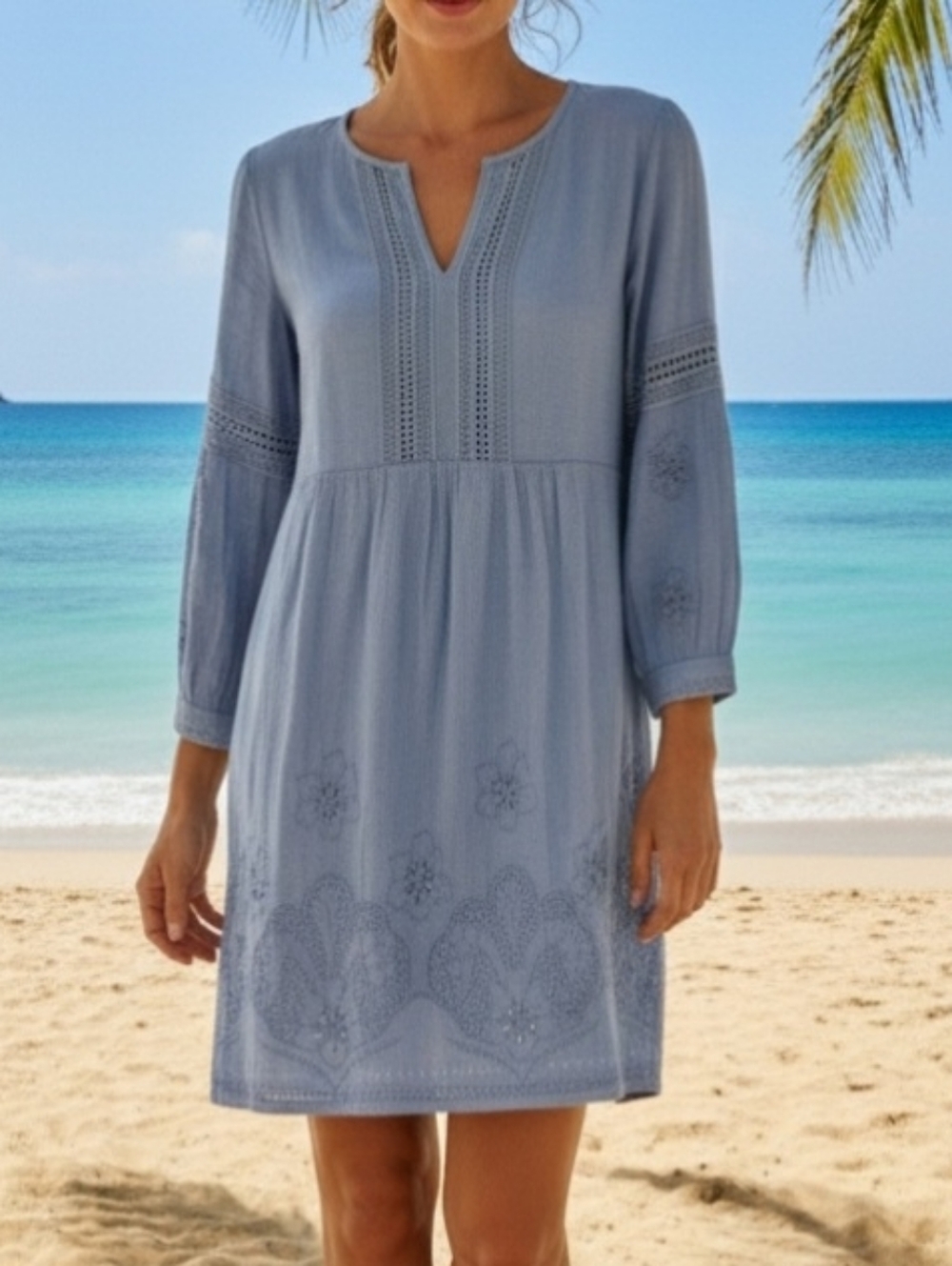 Tommy Bahama Light Blue Embroidered Long Sleeve Tunic Dress/Swim Covers